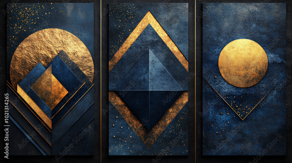 Poster abstract geometric artwork with gold and blue elements. three panels feature layered shapes, includi