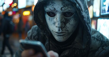 hacker in a white mask and black hoodie is holding a cell phone. Scammer concept. anonymity, phishing