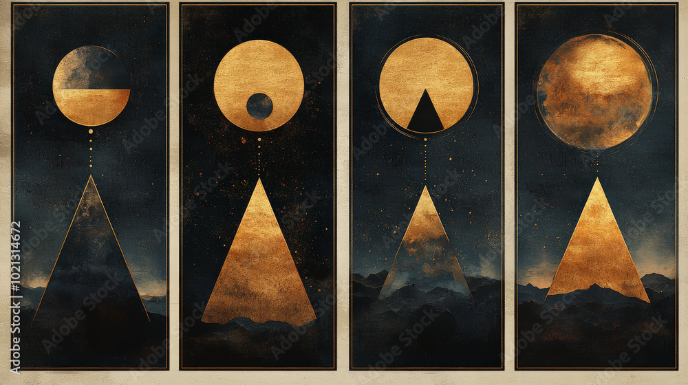 Poster abstract art features geometric shapes with circles and triangles in gold and dark hues, creating a 