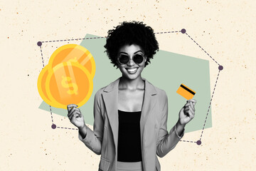 Composite trend artwork sketch image photo collage of young woman business hand hold bank credit card payment golden coins dollar money
