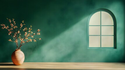 Minimalist 3D studio environment with deep forest green backdrop bare floor and wall product exhibition stand shadow overlay from window to countertop dramatic lighting mockup