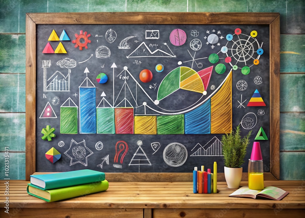 Poster creative math concepts illustrated on a chalkboard with colorful equations and diagrams in classroom