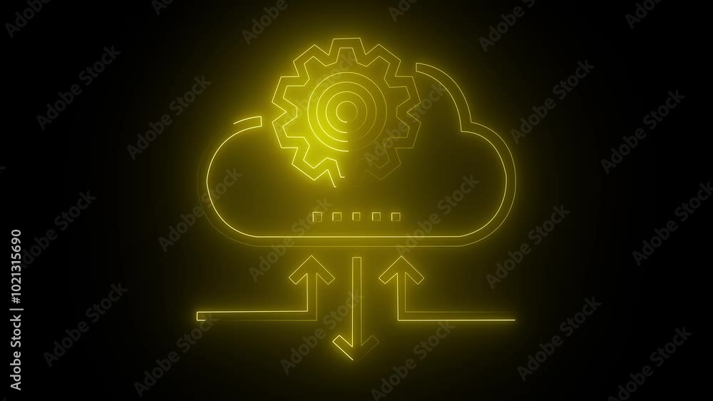 Poster yellow neon cloud hosting server icon isolated on black background cloud computing icon moving rack 