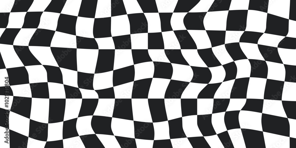 Poster Twisted checkered colorful background. Abstract vector pattern. Black and white colors. Retro wavy psychedelic checkerboard