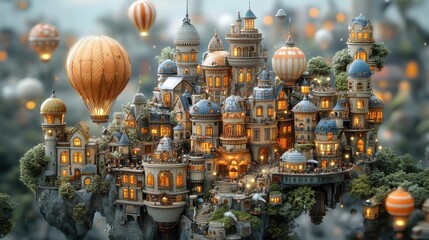 Fototapeta premium A whimsical floating city with intricate architecture, illuminated buildings, and colorful hot air balloons soaring in a dreamy sky.