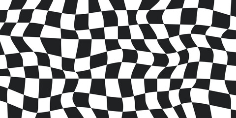 Twisted checkered colorful background. Abstract vector pattern. Black and white colors. Retro wavy psychedelic checkerboard