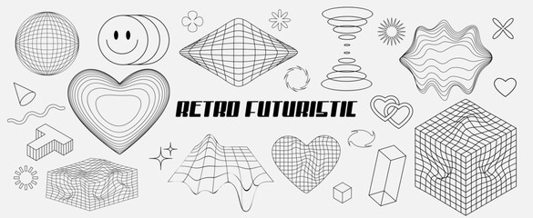 Vector graphic assets set in acid style, retro futuristic background with wireframe elements of different forms.  Retro-futuristic style. Set of rave trip elements