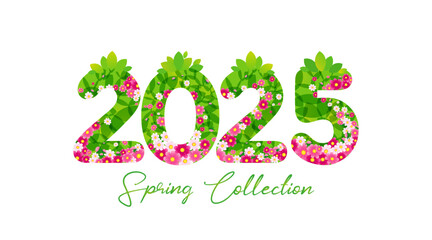 2025 Spring Collection special offer with floral elements. Lettering spring season concept for fashion company with green leaves and flowers. Sale promotion banner, vector illustration
