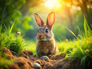Fototapeta premium Curious Rabbit Investigating Burrows in a Lush Green Meadow on a Bright Sunny Day Outdoors