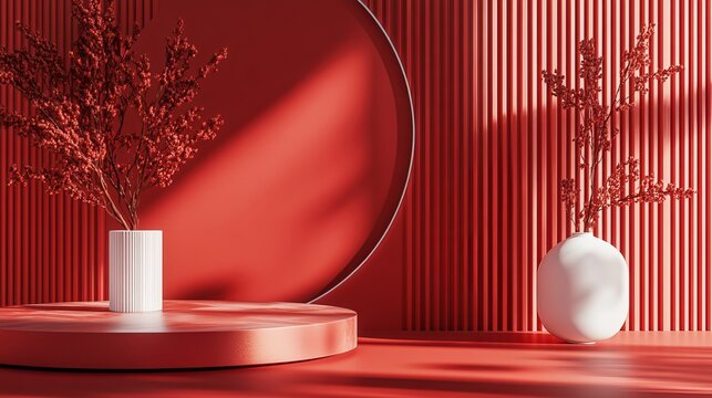 Abstract minimalist design featuring a red color scheme. The 3D-rendered podium is perfect for showcasing cosmetics or other products. Its clean lines