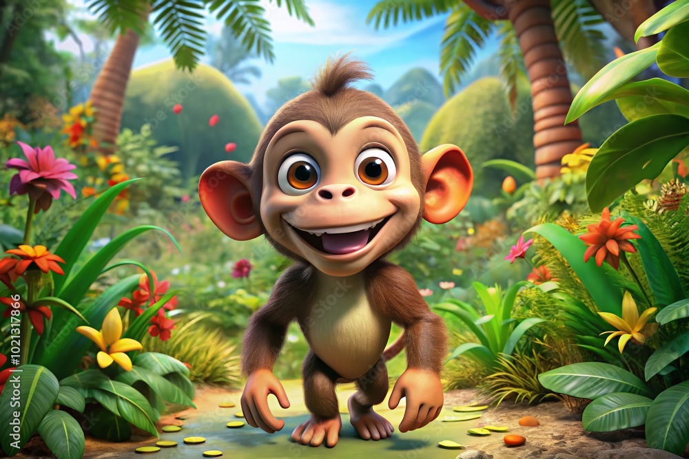Aufkleber cute and playful cartoon monkey with a cheerful expression in a colorful jungle setting