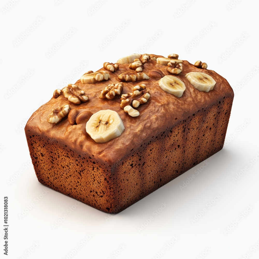 Poster a close-up 3d icon of a slice of banana bread with nuts, set against a simple white background