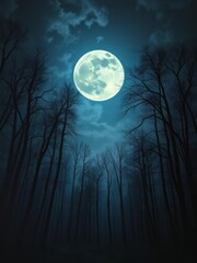 Fototapeta premium A painting of a moonlit forest with a large moon in the sky halloween backdrop