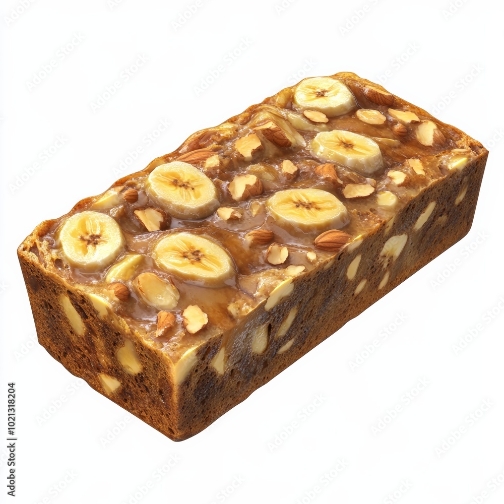 Poster a close-up 3d icon of a slice of banana bread with nuts, set against a simple white background