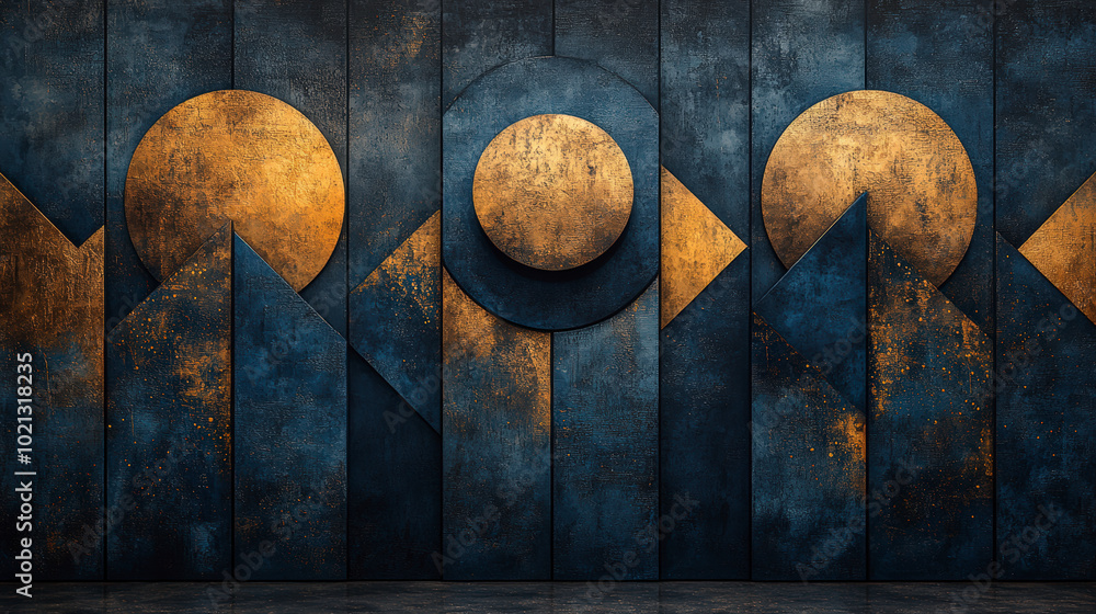 Aufkleber geometric abstract wall art with gold and dark blue tones features overlapping circles and triangles