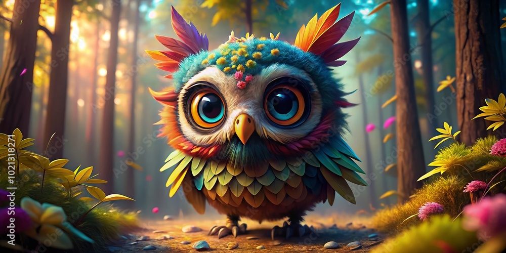 Poster cute animated owl character with big eyes and colorful feathers in a playful forest setting