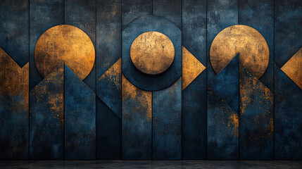 Geometric abstract wall art with gold and dark blue tones features overlapping circles and triangles, creating a striking and modern visual composition.