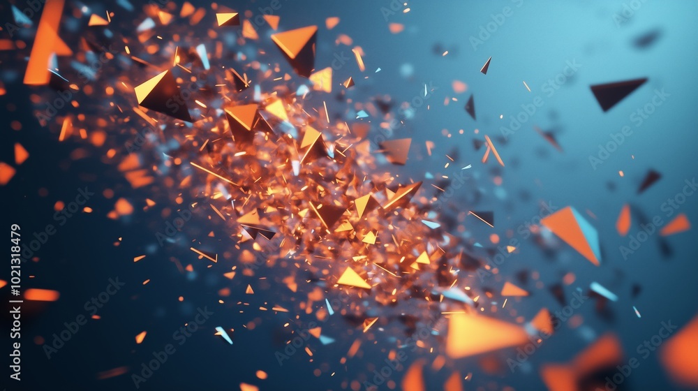 Poster colorful geometric shapes in dynamic motion create an abstract design with vibrant particles floatin
