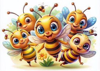 Fototapeta premium Cute Cartoon Bees in Playful Designs for Kids' Illustrations and Educational Materials