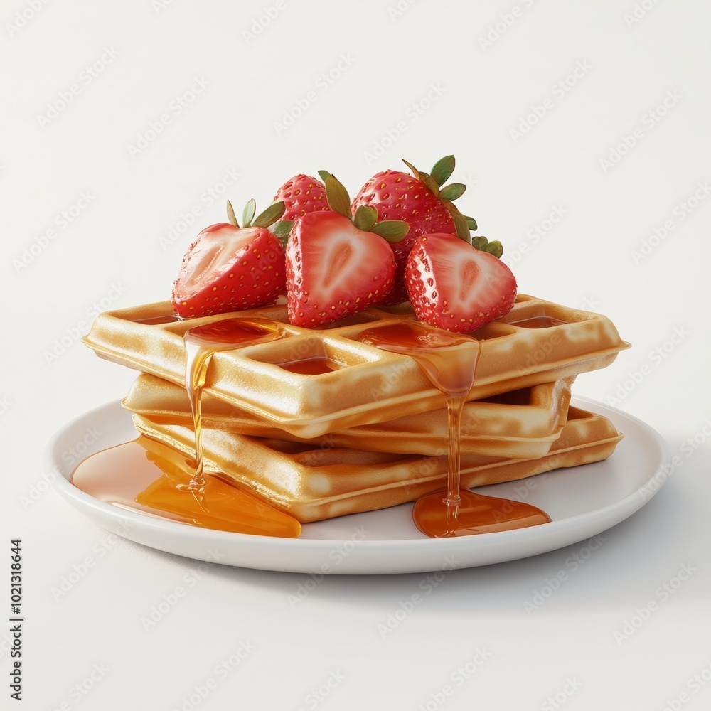 Poster a close-up 3d icon of a stack of waffles topped with strawberries and syrup, isolated on a simple wh