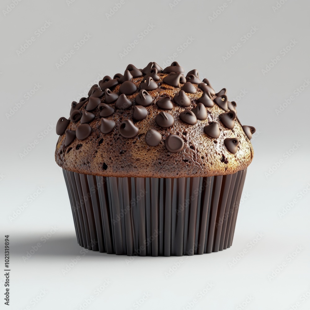 Poster a close-up rendering of a chocolate muffin with chocolate chips, isolated on a plain white backgroun