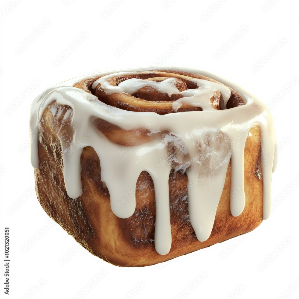 Poster a close-up rendering of a cinnamon roll with icing, showcasing its layers and texture, isolated on a
