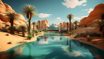 游泳池旁的椰树和满池的池水