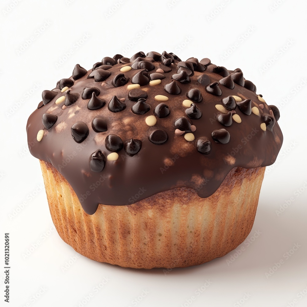 Poster a close-up rendering of a muffin with a chocolate topping, showcasing its texture and chocolate chip