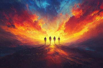Fototapeta premium Four Silhouettes Walking Towards a Fiery, Abstract Sky