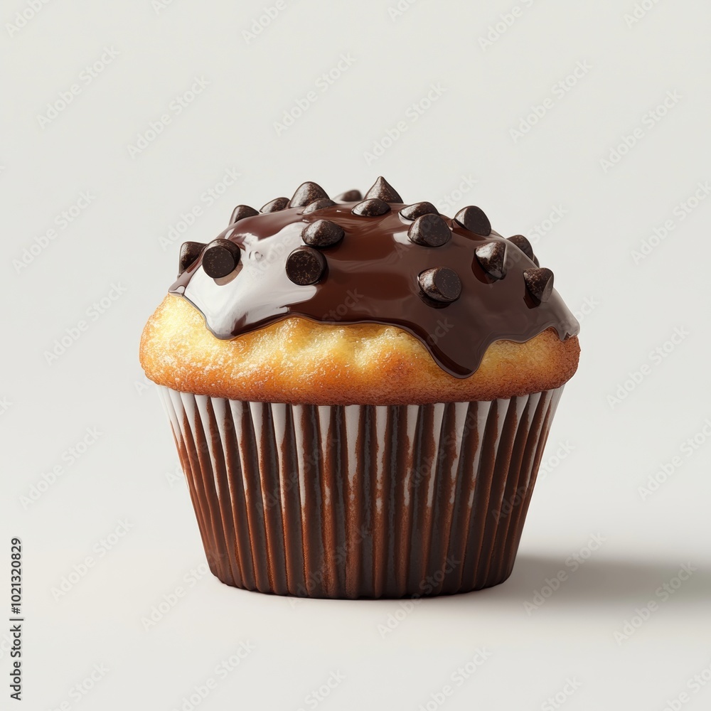 Poster a close-up rendering of a muffin with a chocolate topping, showcasing its texture and chocolate chip