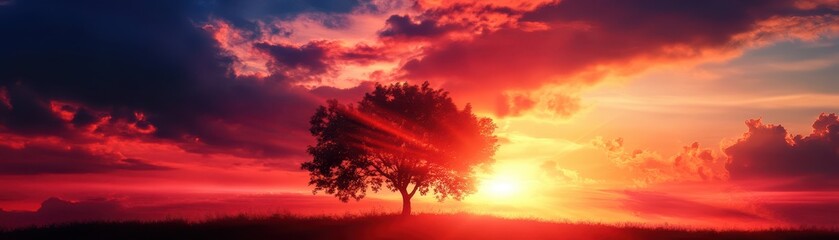 Fototapeta premium Silhouette of a tree against a vibrant sunset with colorful clouds and brilliant light rays.