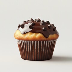 A close-up rendering of a muffin with a chocolate topping, showcasing its texture and chocolate chips, isolated on a plain white background