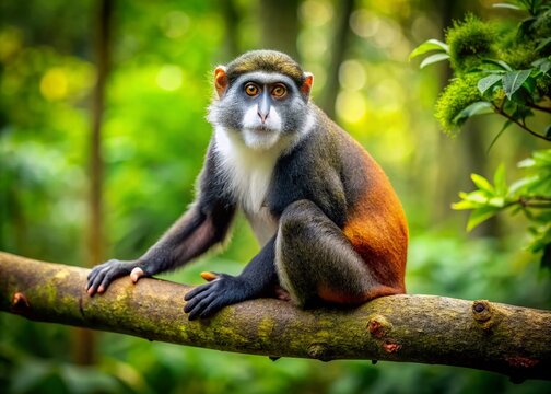 Debrazza Monkey Relaxing on a Branch in a Lush Green Forest Setting with Natural Habitat Surroundings