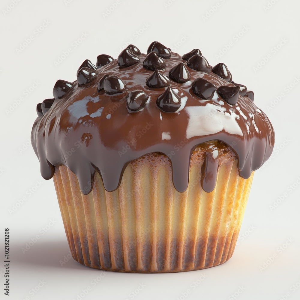 Poster a close-up rendering of a muffin with a chocolate topping, showcasing its texture and chocolate chip