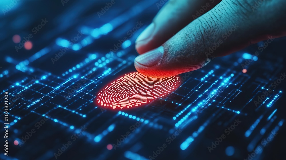 Poster man using thumb to scan finger print or for digital processing bio-metric identification to access s