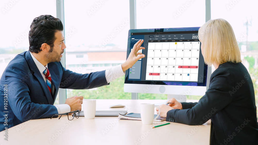 Poster calendar on computer software application for modish schedule planning for personal organizer and on