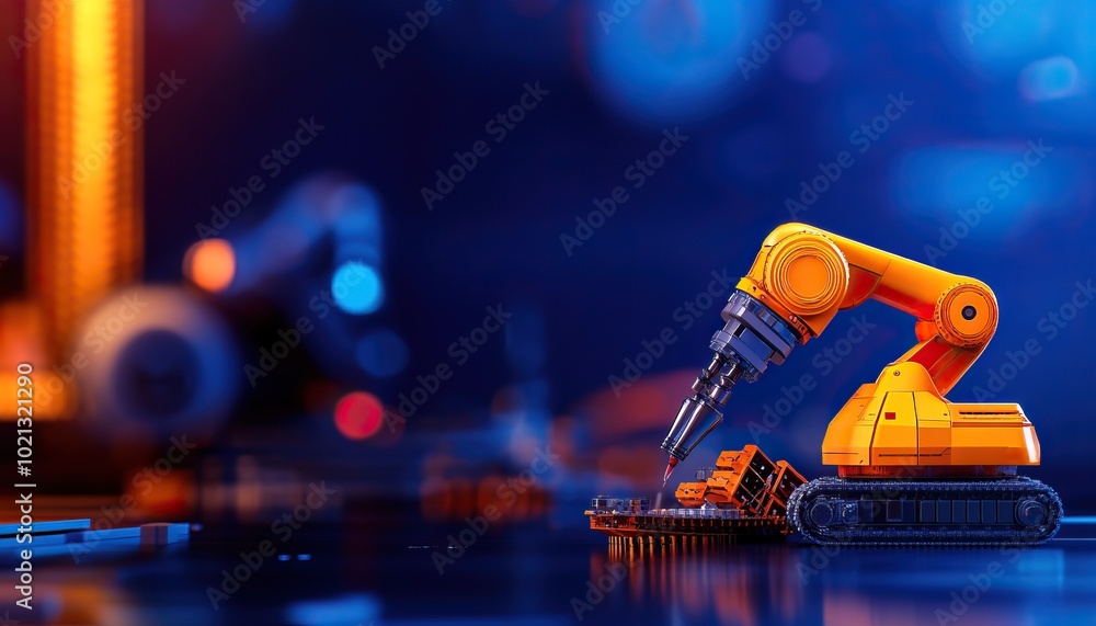 Poster a close-up of an orange robotic arm assembling a circuit board in a high-tech environment with drama