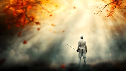 Fototapeta premium A fencer stands tall rapier in hand eyes fixed with unwavering focus radiating an aura of calculated poise and strategic precision
