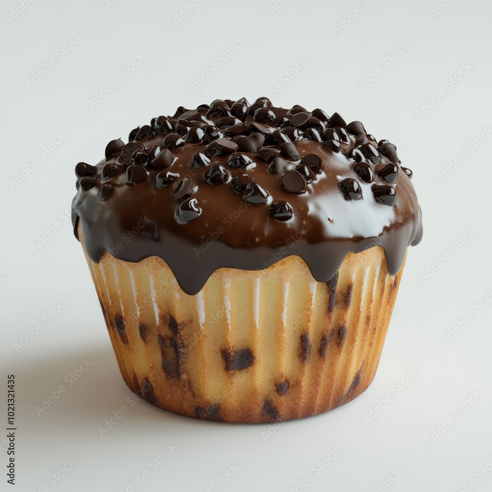 Poster a close-up rendering of a muffin with a chocolate topping, showcasing its texture and chocolate chip