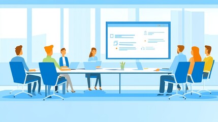 A business meeting in a modern office with participants discussing on a large screen.