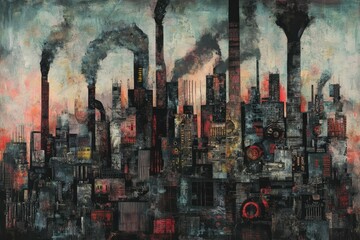 An industrial cityscape with towering chimneys and factories, yet all the buildings are designed as abstract illustrations of mechanical creatures