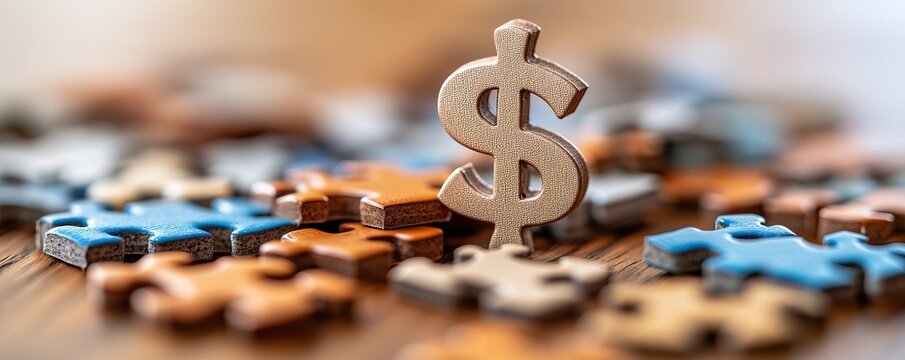 A metal dollar sign on assorted puzzle pieces, symbolizing financial challenges and solutions.
