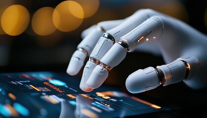 A robotic hand interacting with a digital screen, showcasing advanced technology and innovation.