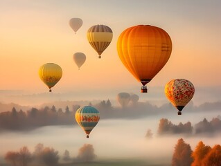 Fototapeta premium Vibrant and dynamic hot air balloon festival with diverse colorful air balloons soaring overhead against a serene countryside backdrop