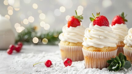 Strawberry cupcakes with cream cheese frosting, festive party setting