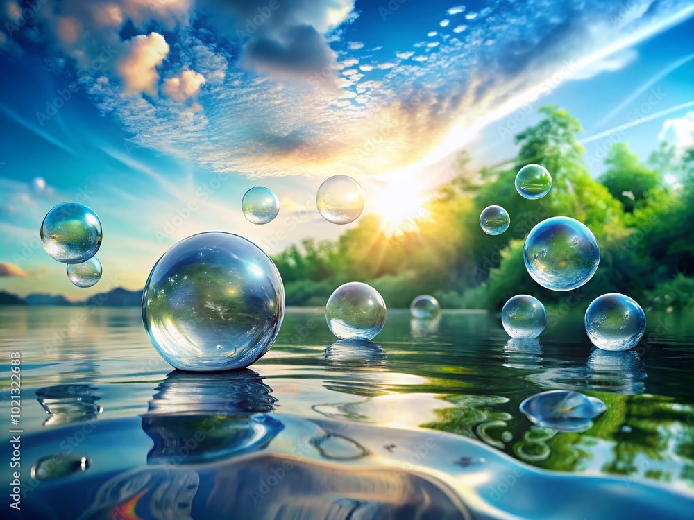 Poster delicate water bubbles resting on smooth skin surface, creating a refreshing and soothing effect