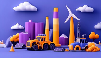 Colorful industrial landscape with trucks, factories, and renewable energy sources on a vibrant blue background.