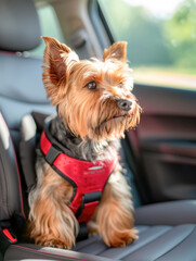 Yorkshire Terrier in a red harness sitting on a car seat. Pet travel and safety concept