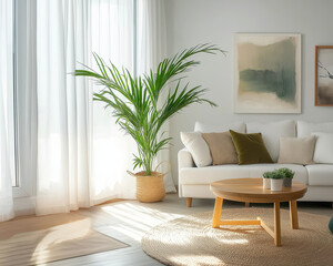 Bright and airy living room with potted plant and framed art pieces