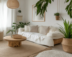 Cozy living room with white furniture and plants creating a serene ambiance

